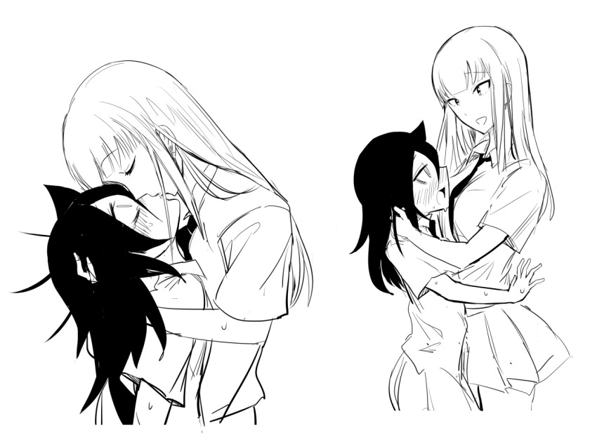 2girls, :d, bags_under_eyes, blush, cyber_dragon-kun, dress_shirt, closed_eyes, from_side, greyscale, hand_in_another's_hair, hug, katou_asuka, kiss, kuroki_tomoko, long_hair, messy_hair, monochrome, multiple_girls, necktie, open_mouth, profile, school_uniform, shirt, short_sleeves, simple_background, sketch, skirt, smile, sweat, watashi_ga_motenai_no_wa_dou_kangaetemo_omaera_ga_warui!, white_background, yuri
