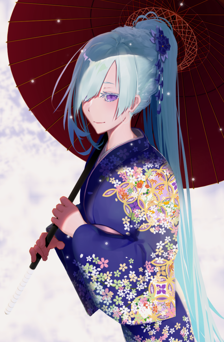 1girl, absurdly_long_hair, aqua_hair, blue_kimono, brynhild_(fate), closed_mouth, commentary, fate/prototype