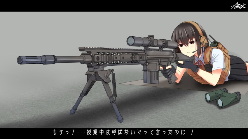 1girl, aiming, binoculars, bipod, black_hair, brown_eyes, check_translation, commentary