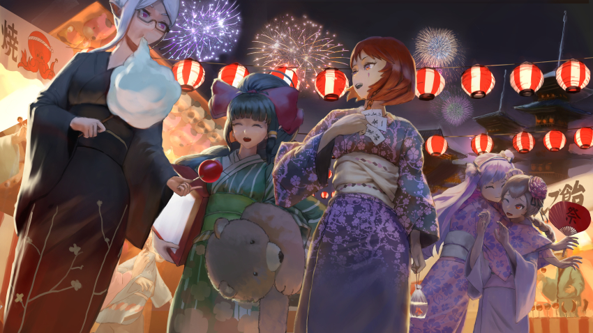 6+girls, ;o, absurdres, architecture, bow, braid, brown_hair, candy_apple, closed_eyes, cotton_candy, east_asian_architecture, eldis_(teria_saga), elf, eye_contact, facing_viewer, festival, fireworks, fish, floral_print, food, food_stand, green_hair, green_kimono, hair_bow, hand_fan, high_ponytail, highres, holding, holding_cotton_candy, holding_food, huge_filesize, japanese_clothes, kimono, lantern, long_hair, looking_at_another, market_stall, multiple_girls, night, one_eye_closed, orange_eyes, paper_fan, paper_lantern, peko_(y28he), pink_bow, pointy_ears, ponytail, purple_hair, purple_kimono, selenium_(teria_saga), short_hair, sidelocks, sky, standing, stuffed_animal, stuffed_panda, stuffed_toy, takoyaki, teddy_bear, teria_saga, very_long_hair, white_hair