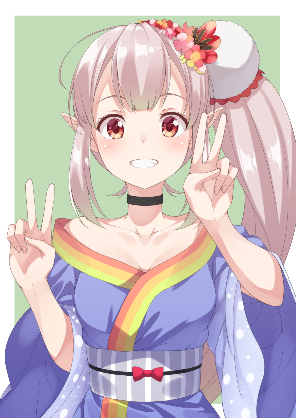 1girl, black_choker, blush, bow, breasts, choker, collarbone, double_v, elf, elu_(3rd_costume)_(nijisanji), elu_(nijisanji), female_focus, flower, green_background, grin, hair_flower, hair_ornament, hands_up, highres, japanese_clothes, kimono, light_brown_hair, long_hair, long_sleeves, looking_at_viewer, medium_breasts, nijisanji, obi, off_shoulder, pointy_ears, purple_kimono, red_bow, red_eyes, red_flower, sash, side_ponytail, sidelocks, sleeves_pushed_up, smile, solo, two-tone_background, v, very_long_hair, virtual_youtuber, white_background, wide_sleeves, yuuri_nayuta