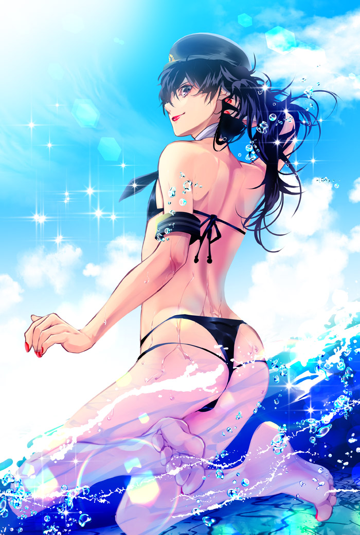 10s, 1boy, adjusting_hair, amamiya_ren, armband, bad_id, bad_pixiv_id, barefoot, bikini, black_bikini, black_hair, blue_sky, crossdressing, crossdressing_(mtf), day, feet, hat, lens_flare, lipstick, long_hair, looking_at_viewer, looking_back, makeup, male_focus, mitsuha_(bless_blessing), persona, persona_5, persona_5:_dancing_star_night, persona_dancing, police_hat, sky, smile, solo, swimming, swimsuit, trap, water, wet, wig