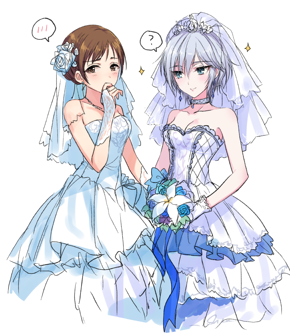 2girls, ?, anastasia_(idolmaster), bad_id, bad_twitter_id, bare_shoulders, blue_eyes, blush