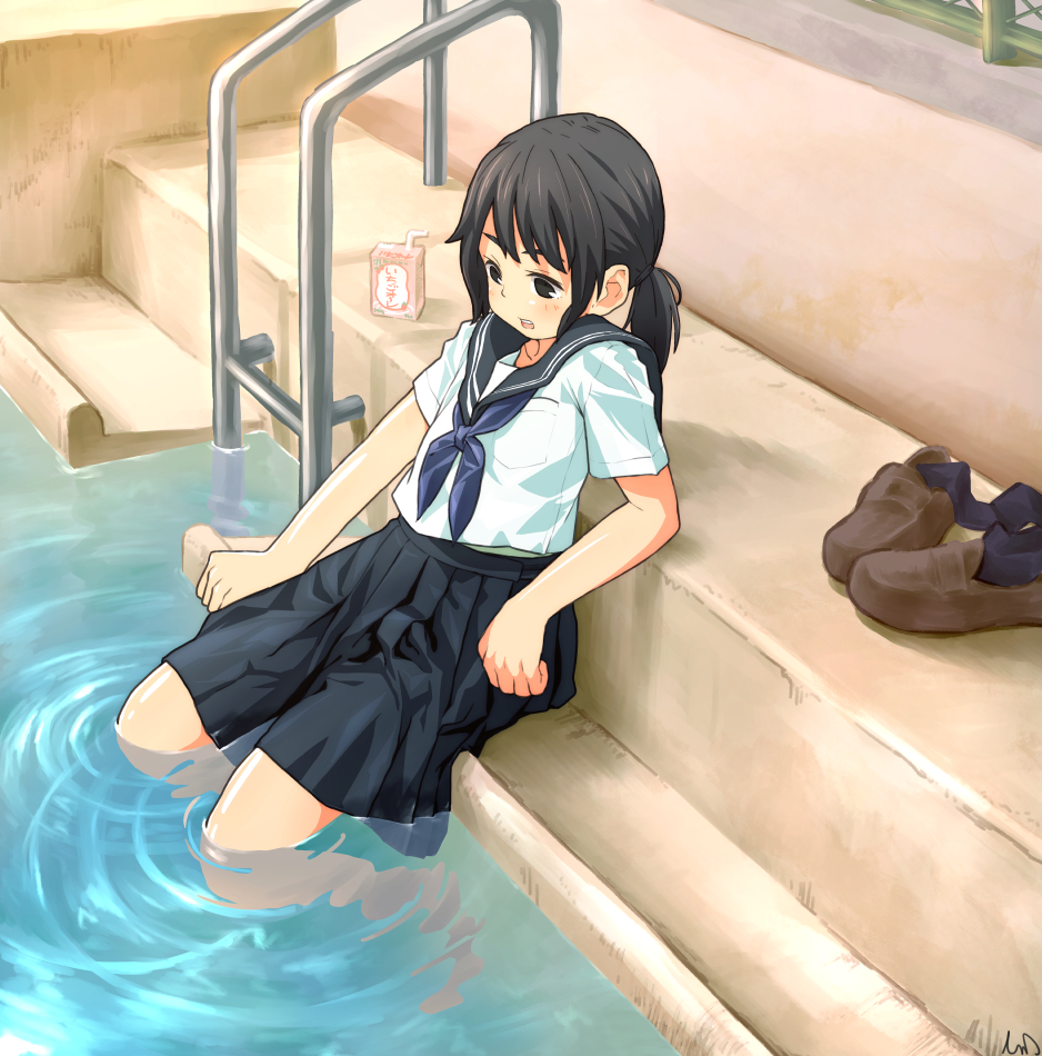 1girl, arm_support, black_air, black_eyes, black_skirt, blouse, blue_neckerchief, brown_shoes