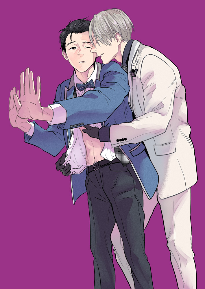 2boys, assisted_exposure, black_gloves, black_hair, blazer, bow, bowtie, brown_eyes