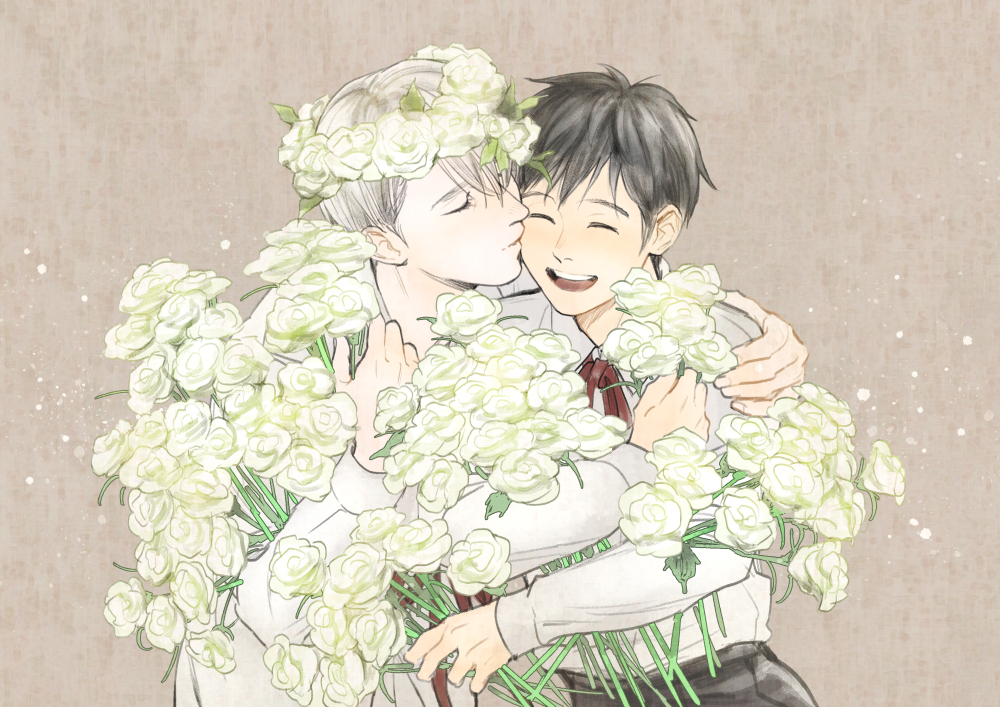 2boys, ^_^, black_hair, brown_background, kissing_cheek, closed_eyes, collared_shirt, flower