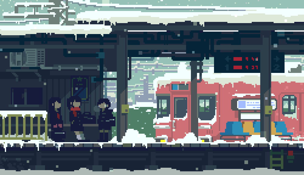 3girls, animated, animated_gif, bag, black_hair, black_socks, breath, buttons, coat, day, faceless, fence, holding, holding_bag, kneehighs, long_hair, looping_animation, multiple_girls, multiple_unit_train, nagoya_railroad, orange_scarf, original, outdoors, pixel_art, railing, scarf, school_bag, short_hair, slice_of_life, snow, snowing, socks, thighhighs, toyoi_yuuta, train, train_station, train_station_platform, white_legwear, winter, zettai_ryouiki