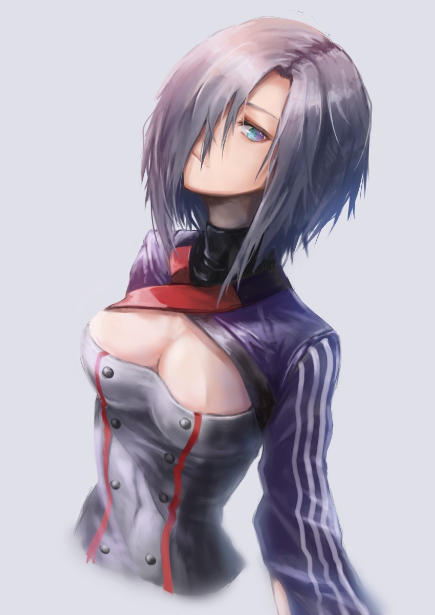 1girl, absurdres, belt, blue_eyes, breasts, cleavage, cleavage_cutout, closed_mouth