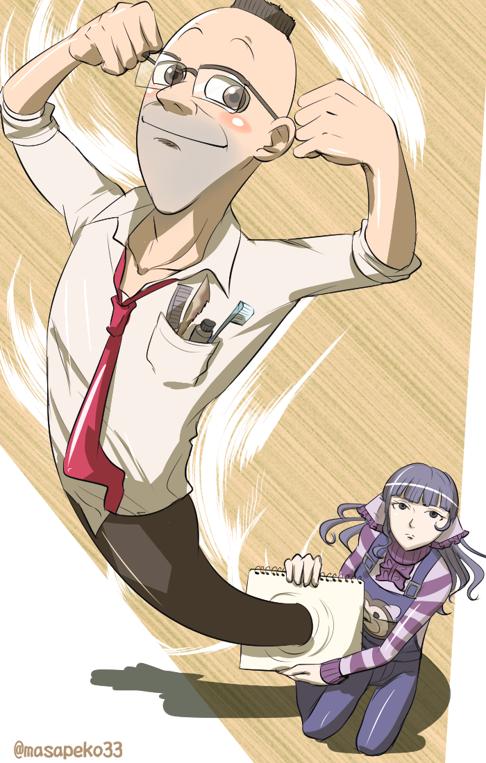 1boy, 1girl, ace_attorney, apollo_justice:_ace_attorney, artist_name, blush, brown-framed_eyewear, brown_eyes