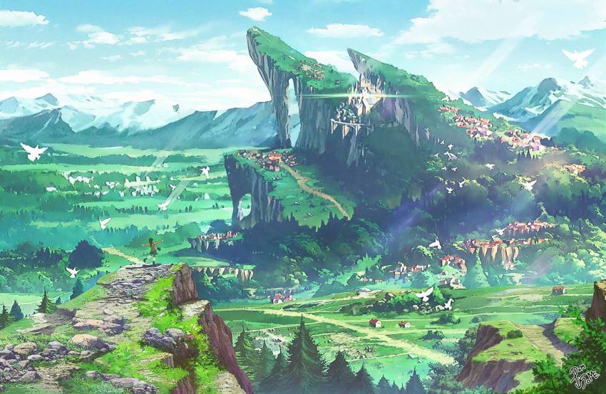 1girl, artist_name, bird, brown_hair, day, facing_away, fantasy, female_focus