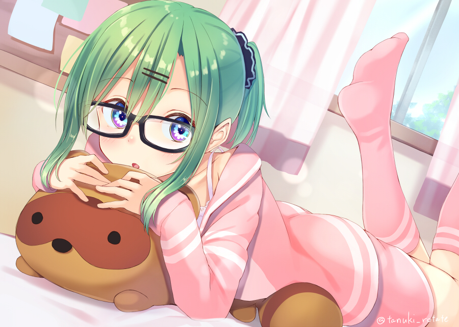 1girl, :o, bed_sheet, black-framed_eyewear, blue_eyes, blush, bra, bra_peek