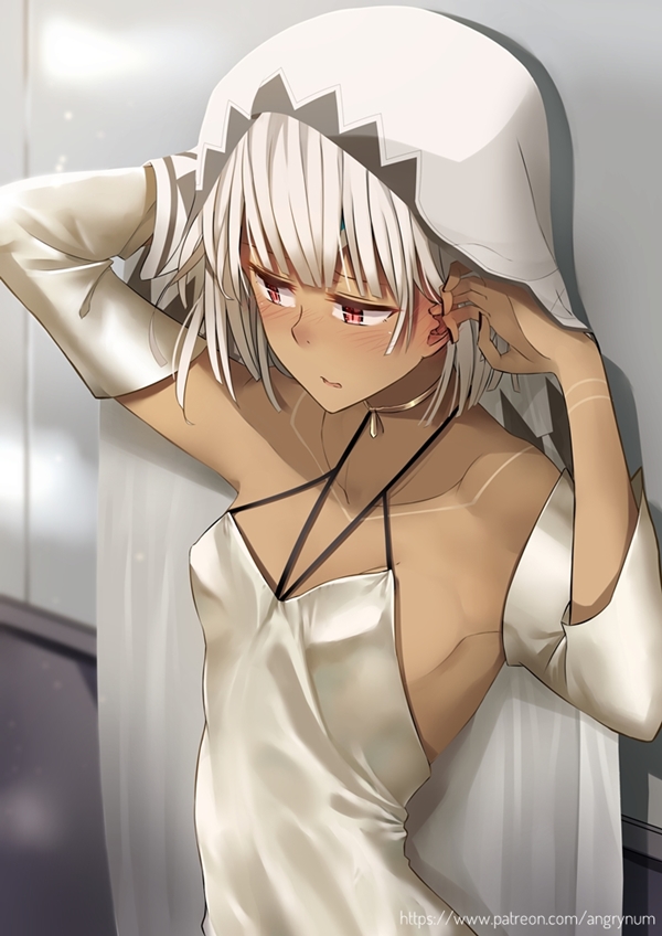 1girl, altera_(fate), altera_(formal_dress)_(fate), bare_shoulders, black_nails, blunt_bangs, blush, breasts