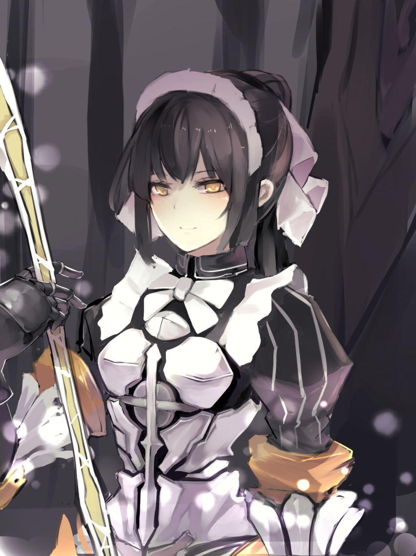 1girl, black_hair, bow, bowtie, female_focus, gauntlets, hair_bow, highres