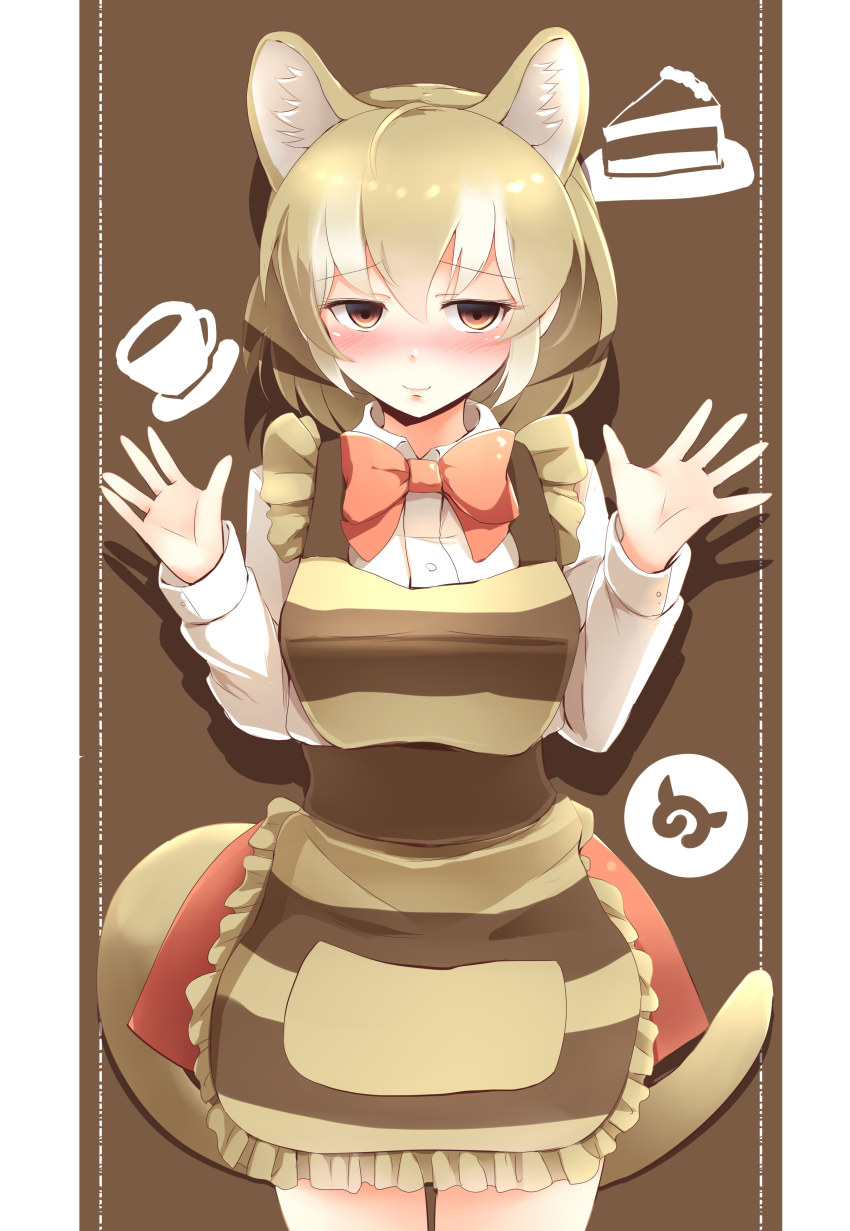10s, 1girl, absurdres, apron, blonde_hair, blush, bow, bowtie