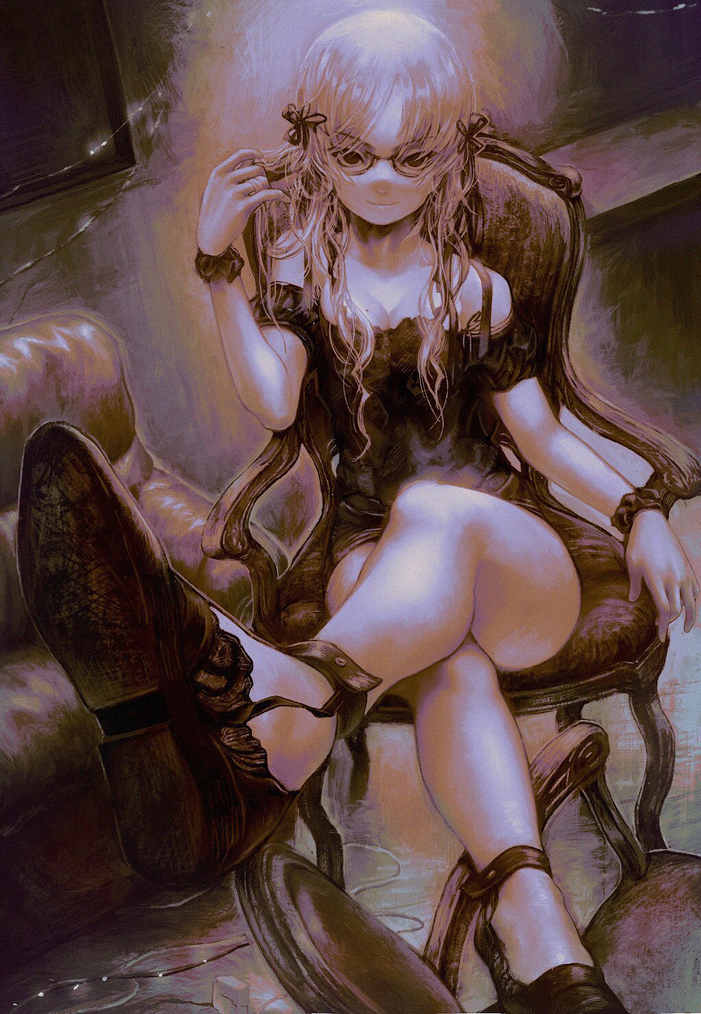 1girl, atsuki0814, black_dress, black_shoes, breasts, chair, cleavage, closed_mouth