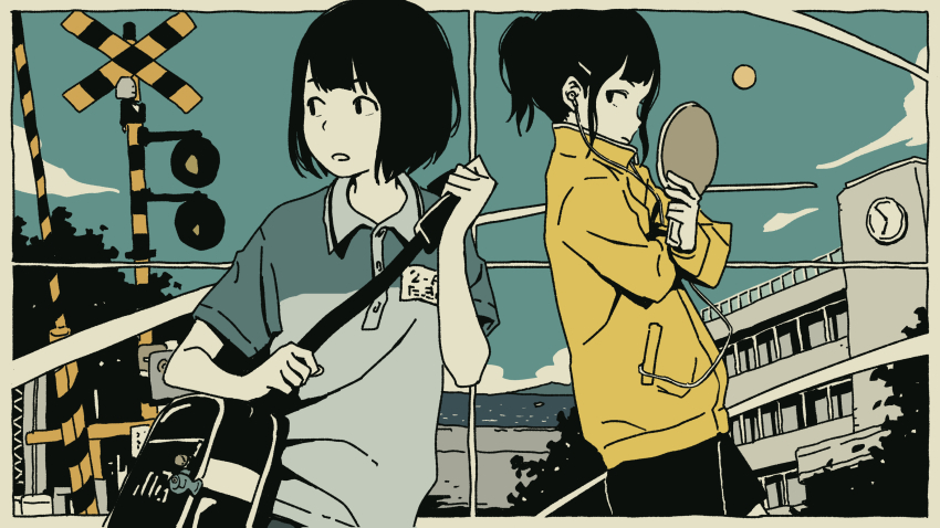 2girls, absurdres, analog_clock, bag, ball, black_bag, black_hair, black_skirt