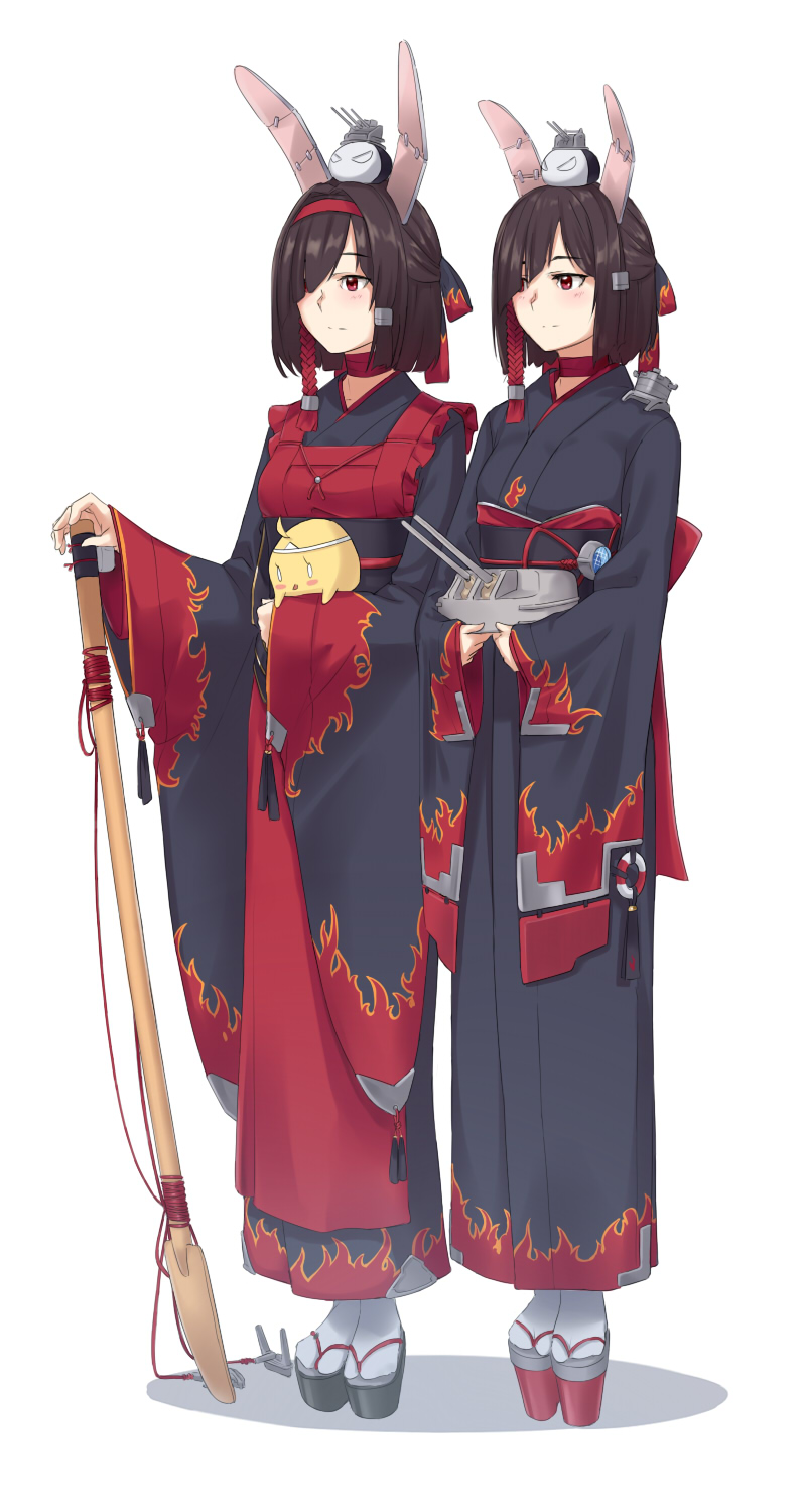 2girls, animal_ears, apron, azur_lane, baby_animal, bird, black_hair, black_kimono