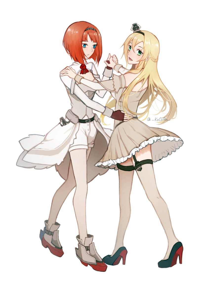 2girls, ark_royal_(kancolle), blonde_hair, blue_eyes, blunt_bangs, bob_cut, braid, cleavage_cutout