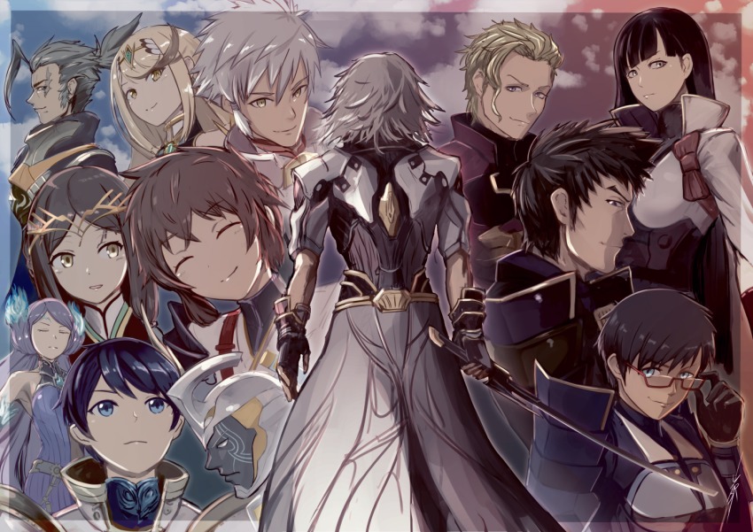 5girls, 6+girls, addam_origo, akhos_(xenoblade), armor, black_hair, blonde_hair, blunt_bangs