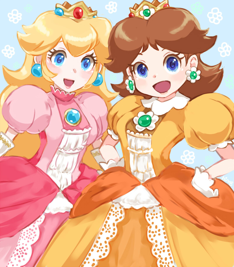 2girls, :d, blonde_hair, blue_background, blue_eyes, blush, breasts, brooch, brown_hair, crown, dress, earrings, floral_background, flower, flower_earrings, gem, gloves, hands_on_own_hips, hino_(8), jewelry, lipstick, long_hair, looking_at_viewer, makeup, mario_(series), medium_hair, multiple_girls, nintendo, open_mouth, pink_dress, pink_lips, princess, princess_daisy, princess_peach, puffy_short_sleeves, puffy_sleeves, short_sleeves, small_breasts, smile, white_flower, white_gloves, yellow_dress