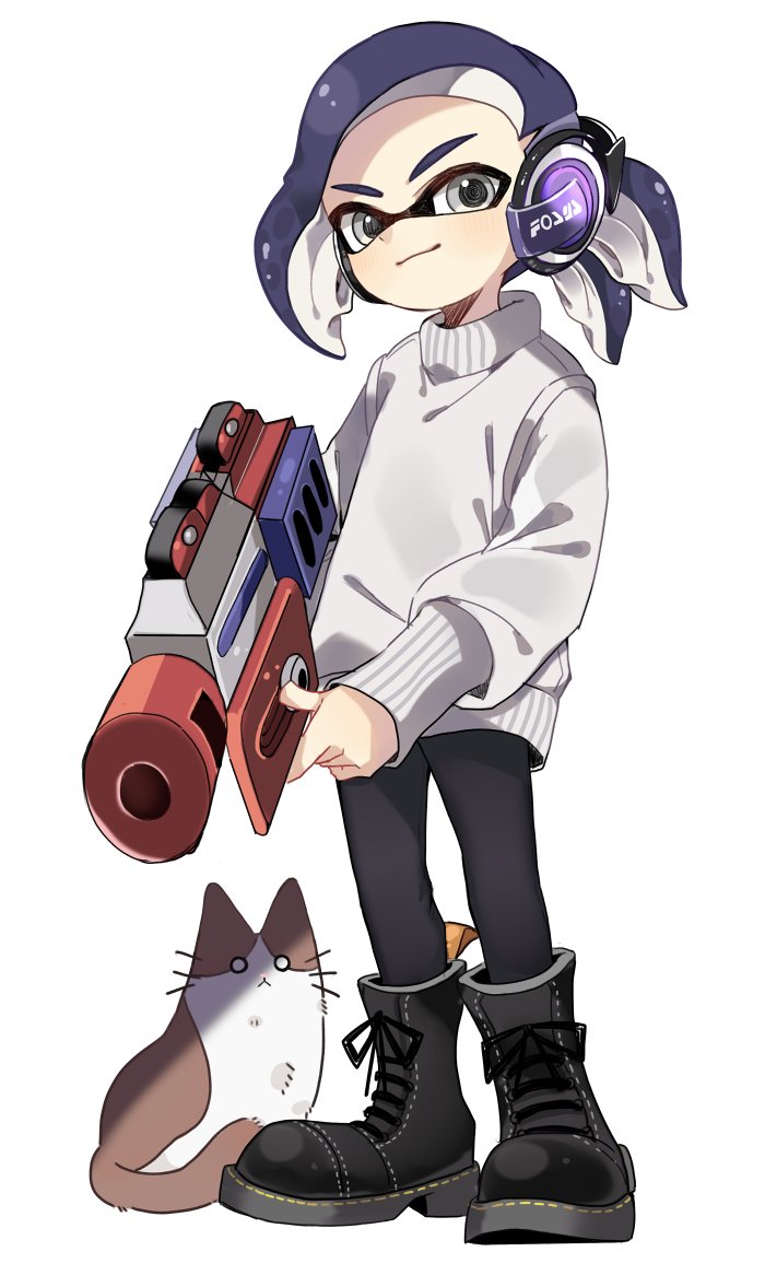 1boy, bad_id, bad_twitter_id, black_boots, black_eyes, black_pants, boots, cat