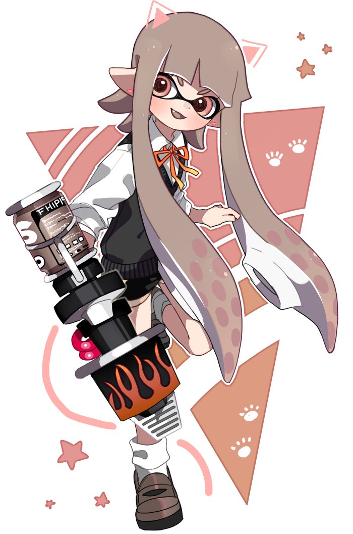 1girl, bad_id, bad_twitter_id, black_shoes, black_shorts, black_sweater, blaster_(splatoon), blunt_bangs