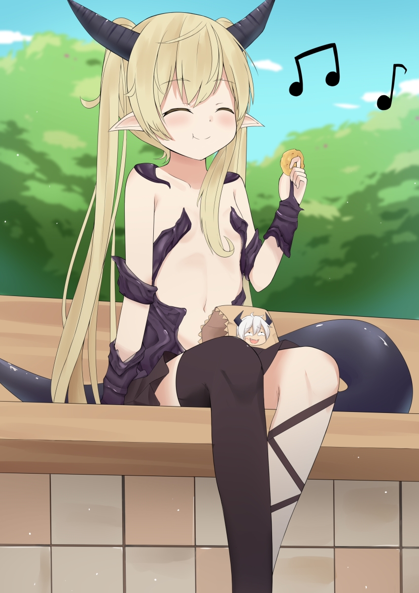 10s, 1girl, absurdres, asymmetrical_legwear, bench, biscuit, blue_sky, blush, breasts, closed_eyes, cloud, commentary_request, day, diablo_(isekai_maou), dragon_girl, dragon_horns, dragon_tail, eating, female_focus, food, grey_hair, happy, highres, horns, isekai_maou_to_shoukan_shoujo_no_dorei_majutsu, krebskulm, long_hair, musical_note, navel, outdoors, pointy_ears, revealing_clothes, single_thighhigh, skirt, sky, small_breasts, smile, solo, tail, thighhighs, tree, twintails, uneven_legwear, very_long_hair, zds