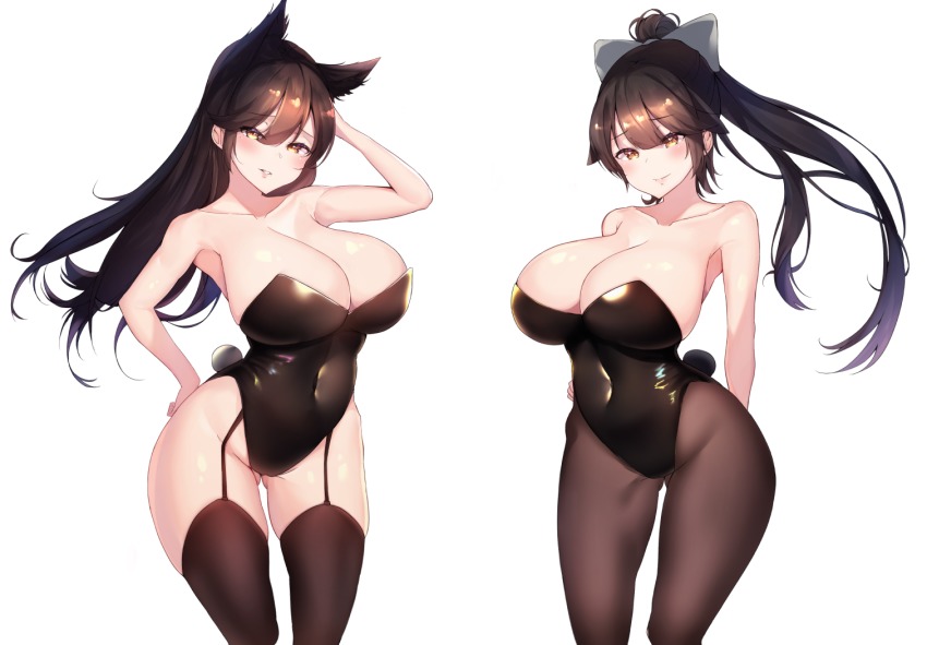 1girl, animal_ears, atago_(azur_lane), azur_lane, bare_shoulders, blush, breasts, brown_eyes, brown_hair, cleavage, covered_navel, female_focus, geonjeonji, hair_ribbon, large_breasts, long_hair, looking_at_viewer, pantyhose, playboy_bunny, ponytail, rabbit_girl, rabbit_tail, ribbon, smile, solo, standing, takao_(azur_lane), thighhighs