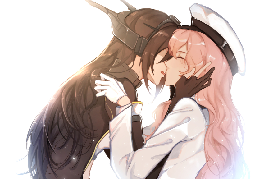 2girls, black_gloves, black_hair, blazer, blush, elbow_gloves, faceless, faceless_female, female_admiral_(kancolle), female_focus, fingerless_gloves, formal_clothes, gloves, hair_between_eyes, hand_up, hat, headgear, highres, hug, imminent_kiss, jacket, kantai_collection, kiss, kocona, long_hair, multiple_girls, nagato_(kancolle), open_mouth, peaked_cap, pink_hair, remodel_(kantai_collection), simple_background, suit, upper_body, wavy_hair, white_background, white_gloves, white_headwear, white_jacket, white_uniform, yuri