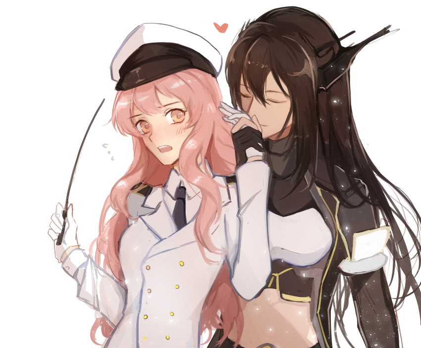 2girls, black_gloves, black_hair, black_neckwear, blazer, blush, closed_eyes, closed_mouth, couple, elbow_gloves, embarrassed, female_admiral_(kancolle), female_focus, fingerless_gloves, flying_sweatdrops, formal_clothes, gloves, hair_between_eyes, hand_up, hands_up, hat, headgear, heart, highres, holding, jacket, kantai_collection, kiss, kissing_hand, kocona, light_particles, long_hair, long_sleeves, looking_back, midriff, multiple_girls, nagato_(kancolle), necktie, open_mouth, orange_eyes, peaked_cap, pink_hair, remodel_(kantai_collection), riding_crop, round_teeth, shy, side-by-side, simple_background, smile, suit, teeth, translation_request, upper_body, wavy_hair, white_background, white_gloves, white_headwear, white_jacket, white_uniform, yuri