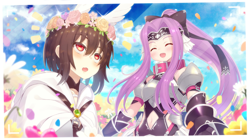 2girls, :d, :o, ^_^, armor, bad_id, bad_pixiv_id, bare_shoulders