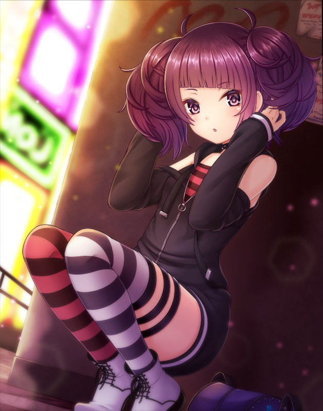 1girl, :o, asymmetrical_legwear, bare_shoulders, black_choker, choker, clothing_cutout, detached_sleeves, diagonal_bangs, female_focus, hooded_dress, idolmaster, idolmaster_shiny_colors, long_sleeves, looking_at_viewer, medium_hair, purple_eyes, purple_hair, rusha_(r_style), short_twintails, shoulder_cutout, solo, spiked_choker, spikes, squatting, striped_clothes, striped_thighhighs, tanaka_mamimi, thigh_strap, thighhighs, twintails, uneven_legwear, white_footwear, zipper, zipper_pull_tab