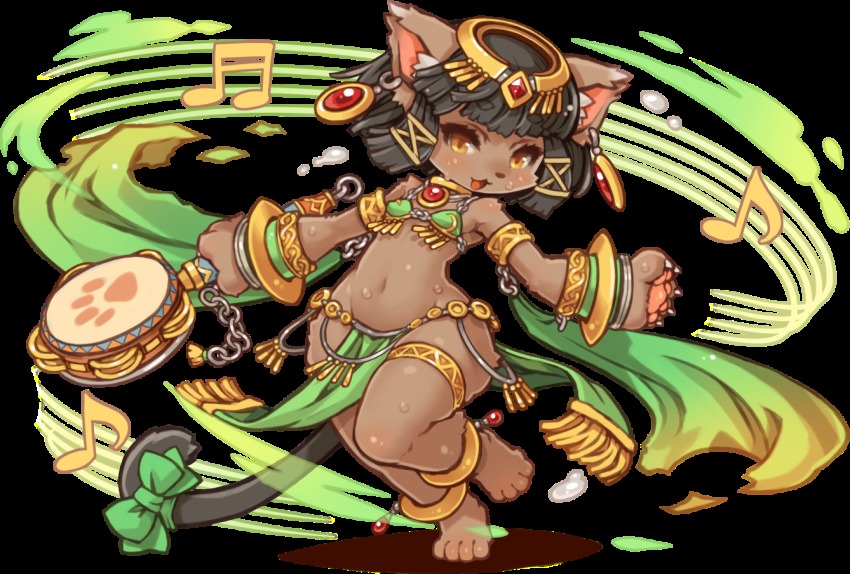 1girl, animal_ears, anklet, armlet, bastet_(fullbokko_heroes), beamed_sixteenth_notes, bikini, bikini_top_only