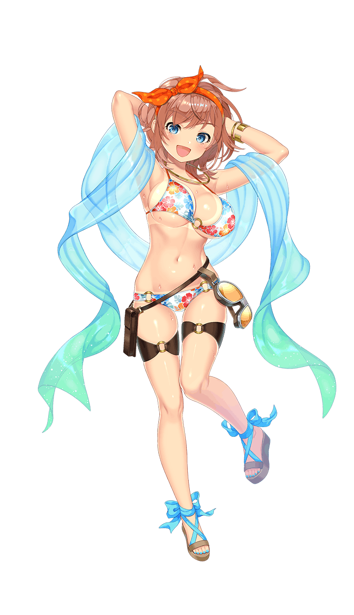 1girl, :d, alternate_costume, arms_behind_head, bandana, bikini, blue_eyes, bracelet, breasts, brown_hair, dominic_shangri-la, female_focus, floral_print, formation_girls, full_body, goggles, hibiscus_print, highres, jewelry, kamura_poku, large_breasts, looking_at_viewer, nail_polish, navel, necklace, o-ring, o-ring_bikini, official_art, open_mouth, print_bikini, sandals, short_hair, smile, solo, standing, standing_on_one_leg, swimsuit, thigh_strap, toenail_polish, toenails, transparent_background