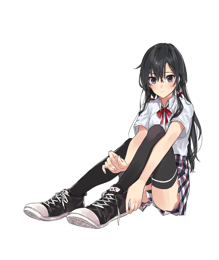 1girl, female_focus, full_body, hair_between_eyes, highres, long_hair, looking_at_viewer, plaid_clothes