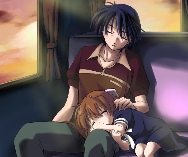 00s, 1boy, 1girl, age_difference, bad_id, bad_pixiv_id, blouse, blue_eyes, brown_hair, clannad, closed_eyes, family_bonding, father_and_child, father_and_daughter, kanou_ryuuji, lap_pillow, okazaki_tomoya, okazaki_ushio, parent_and_child, red_shirt, shirt, short_hair, sitting, sleeping, train, train_interior