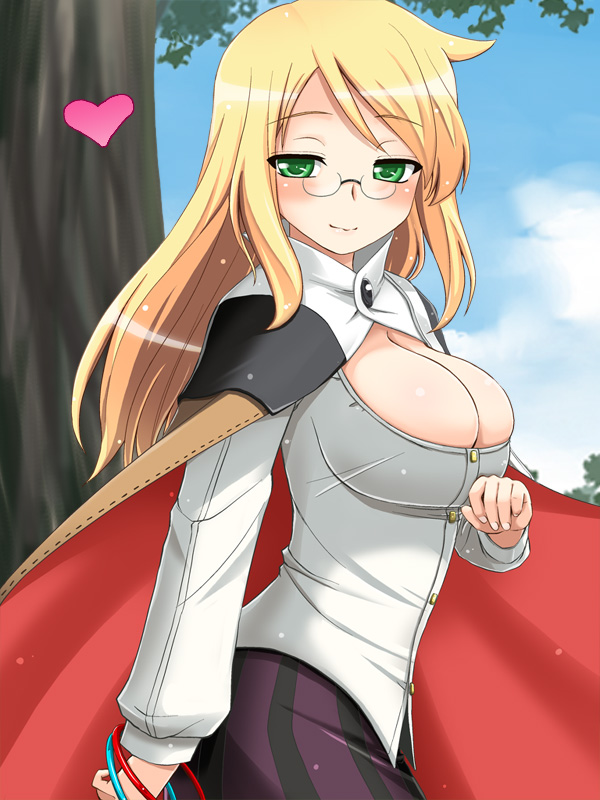 1girl, 7th_dragon, 7th_dragon_(series), blonde_hair, blush, breasts, bursting_breasts, cape