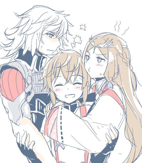 1boy, 2girls, armor, black_hair, blush, fan_la_norne, feather_hair, gloves