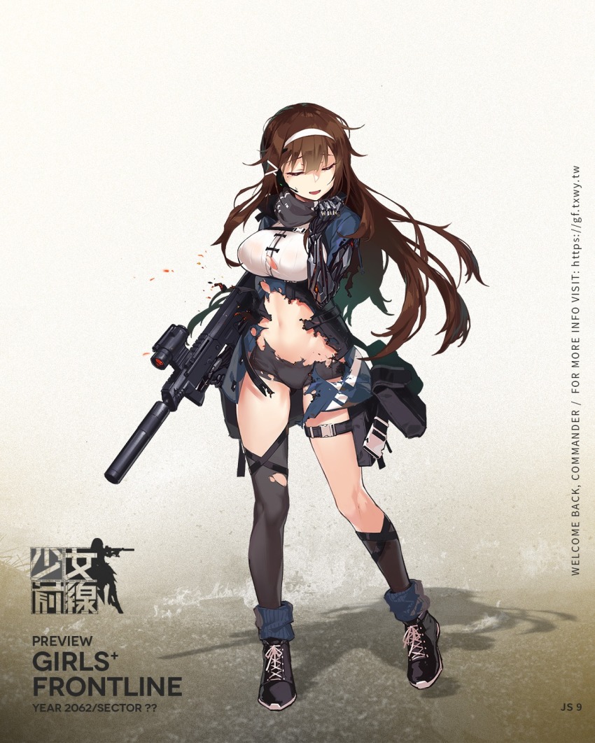 1girl, armband, asymmetrical_legwear, belt, belt_pouch, black_shoes, black_shorts, black_socks, blue_jacket, breasts, brown_hair, buckle, bullpup, character_name, closed_eyes, copyright_name, damaged, facing_viewer, fangdan_runiu, female_focus, floating_hair, framed_breasts, full_body, girls'_frontline, grey_scarf, gun, hair_between_eyes, hair_ribbon, hairband, hand_up, headset, high_tops, highres, jacket, js_9_(girls'_frontline), js_9_mm, kneehighs, lace-up_shoes, large_breasts, logo, long_hair, loose_socks, mechanical_arms, mole, mole_under_eye, multiple_straps, navel, no_bra, official_art, open_mouth, personal_defense_weapon, pouch, prosthesis, prosthetic_arm, ribbon, scarf, scope, shirt, shoes, short_shorts, shorts, sidelocks, single_kneehigh, single_mechanical_arm, single_sock, single_thighhigh, snap-fit_buckle, sneakers, socks, solo, stomach, strap, submachine_gun, suppressor, thigh_pouch, thigh_strap, thighhighs, thighs, torn_clothes, torn_jacket, torn_legwear, torn_shorts, trigger_discipline, underbust, uneven_legwear, very_long_hair, watermark, weapon, web_address, white_hairband, white_ribbon