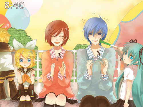 2boys, 3girls, aged_down, aqua_hair, bad_id, bad_pixiv_id, blue_hair, cheek_poking