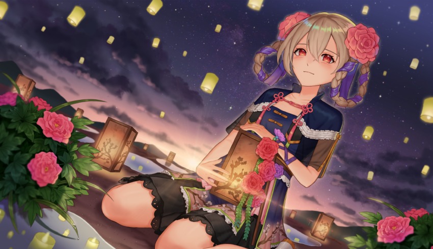 1girl, answer_(l_c123), bad_id, bad_pixiv_id, bead_bracelet, beads, black_skirt, bracelet, braid, braided_hair_rings, brown_hair, candle, cherry_blossom_print, dutch_angle, erin_(teria_saga), floral_print, flower, hair_between_eyes, hair_rings, holding, holding_lantern, jewelry, lantern, md5_mismatch, night, outdoors, paper_lantern, pink_flower, red_eyes, reflection, resolution_mismatch, rose, sitting, skirt, sky, teria_saga, twin_braids, wariza