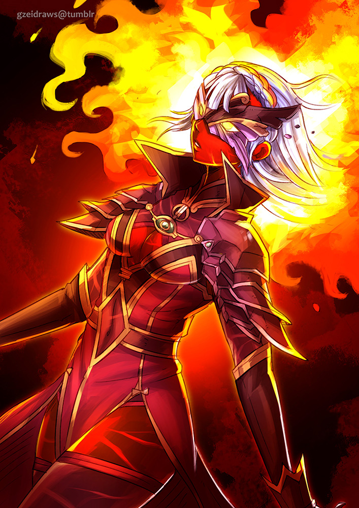 1girl, armor, colored_skin, elbow_gloves, female_focus, fire, fire_emblem, fire_emblem_echoes:_shadows_of_valentia, gloves, gzei, hime_cut, mask, nintendo, pauldrons, red_skin, rinea_(fire_emblem), shoulder_armor, solo, spoilers, white_hair, witch, yellow_eyes