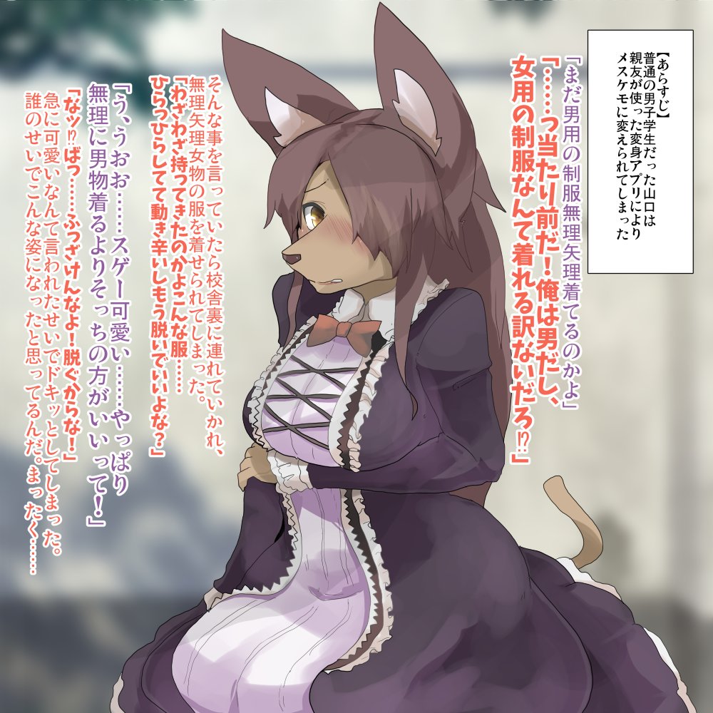 1girl, brown_eyes, brown_hair, dog_girl, female_focus, furry, furry_female, japanese_text