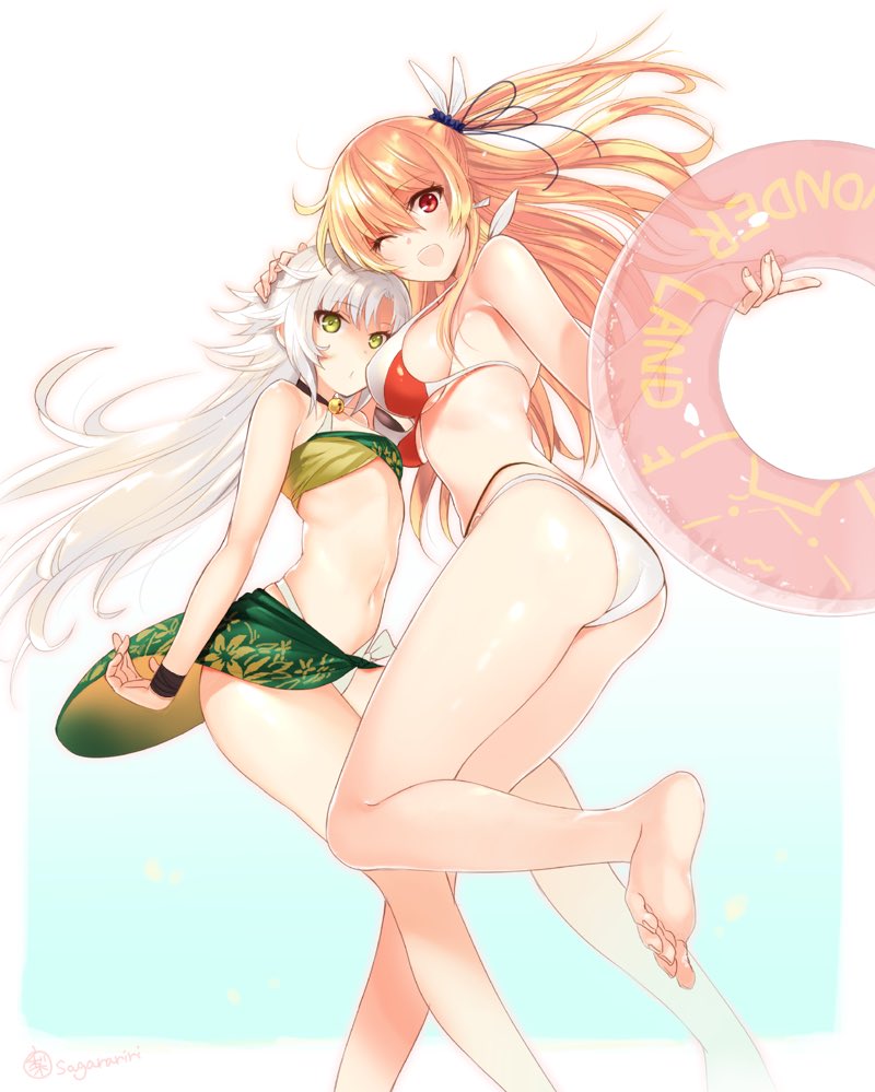 2girls, alisa_reinford, artist_name, ass, barefoot, bell, bikini, blonde_hair, blue_background, breasts, collar, cowboy_shot, eiyuu_densetsu, falcom, feather_hair_ornament, feathers, fie_claussell, green_eyes, hair_ornament, hand_on_another's_head, innertube, long_hair, looking_at_viewer, medium_breasts, multiple_girls, navel, neck_bell, official_alternate_costume, one_eye_closed, red_eyes, sagara_riri, sarong, scrunchie, sen_no_kiseki, sen_no_kiseki_(series), sen_no_kiseki_i, sen_no_kiseki_iv, side_ponytail, sideboob, signature, silver_hair, simple_background, small_breasts, smile, strapless, swim_ring, swimsuit, tube_top, two-tone_background, white_background, wristband