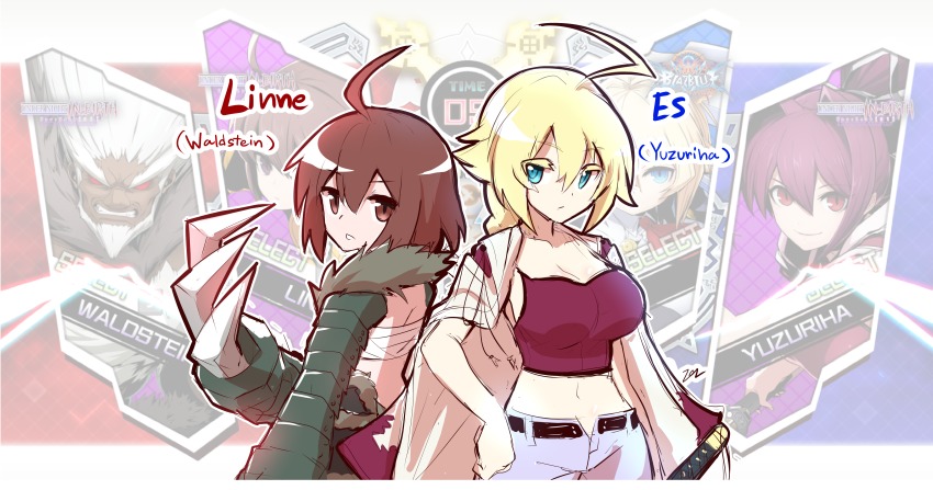 2girls, absurdres, ahoge, back-to-back, blazblue, blazblue:_cross_tag_battle, blonde_hair, blue_eyes