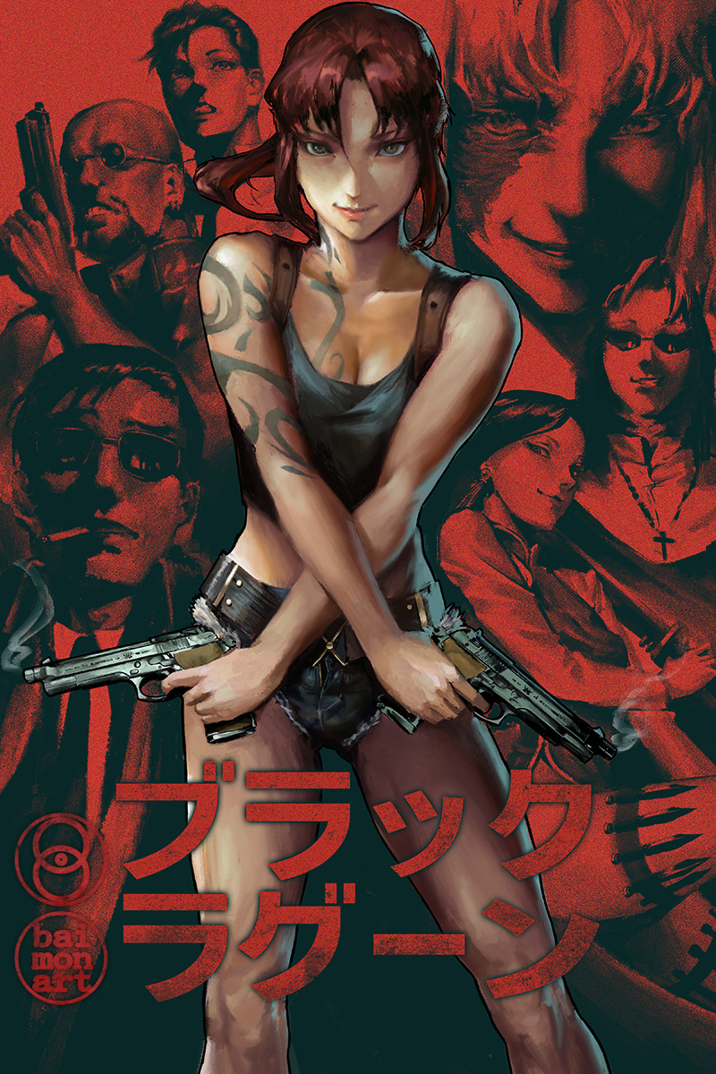 1girl, arm_tattoo, baimon, balalaika_(black_lagoon), belt, black_lagoon, breast_tattoo, breasts, brown_eyes, brown_hair, cleavage, contrapposto, crop_top, crossed_arms, cutoffs, denim, denim_shorts, dual_wielding, dutch_(black_lagoon), eda_(black_lagoon), gun, handgun, highres, holding, holster, legs_apart, lips, long_hair, looking_at_viewer, medium_breasts, micro_shorts, mr._chang, okajima_rokuro, pistol, ponytail, realistic, revy_(black_lagoon), shenhua, shorts, shoulder_holster, shoulder_tattoo, smoke, smoking_barrel, solo_focus, standing, sunglasses, tank_top, tattoo, weapon