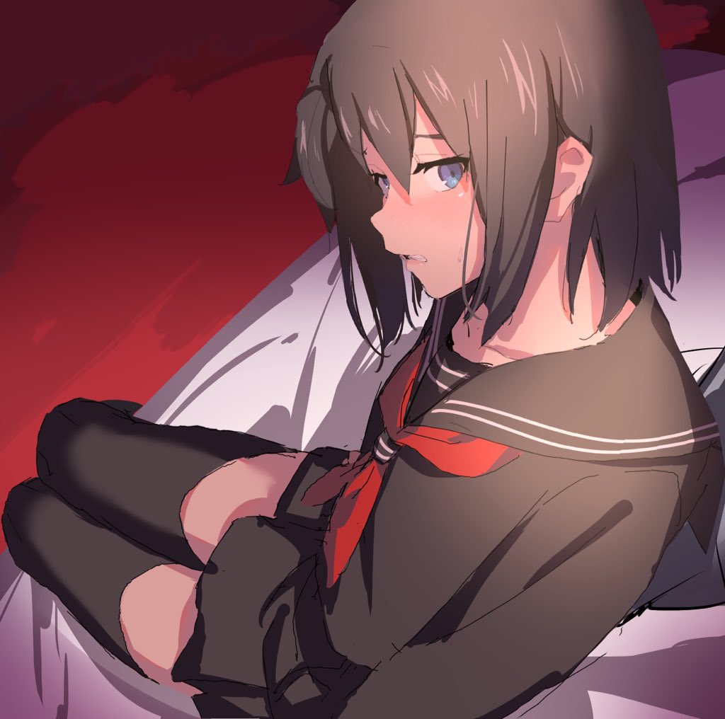 1boy, alternate_costume, bed, black_hair, black_serafuku, black_skirt, black_thighhighs, blue_eyes
