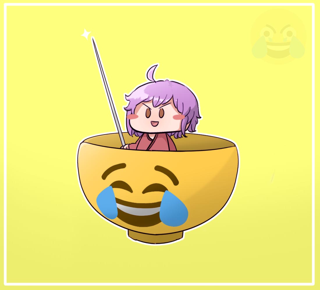 1girl, ahoge, bowl, emoji, full_body, glint, happy_tears, in_bowl