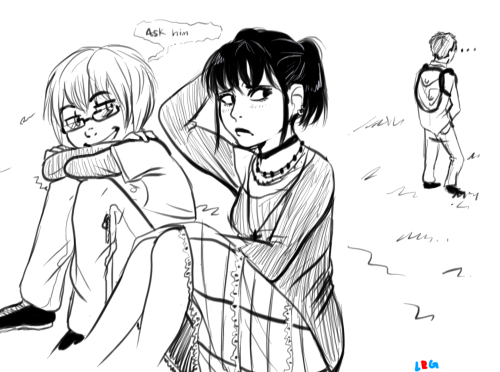 1girl, 2boys, character_request, highschool, lowres, multiple_boys, school, shingeki_no_kyojin