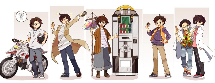 ?, ahoge, asymmetrical_footwear, hawaiian_shirt, helmet, highres, hino_eiji, houjou_emu